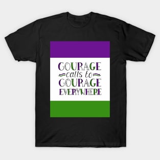 Suffragette Quote "Courage Calls to Courage Everywhere" on suffragette flag colours T-Shirt